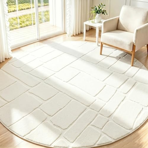 Famibay Teppich Rund 160cm Teppich Wohnzimmer Rund Wohnzimmerteppich Kurzflor Runder Teppiche Schlafzimmer Creme Modern rutschfest für Wohnzimmer Schlafzimmer Kinderzimmer