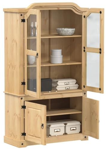 GeenYuu Vitrine Corona 103,5x42x180 cm, Massivholz Kiefer Honigwachs-Finish, Glas, Schrank mit Türen, Wohnzimmer Esszimmer Aufbewahrung, rustikal