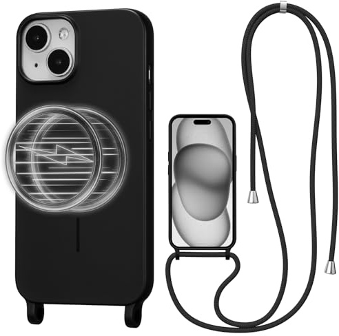UCASONG Magnetic Case for iPhone 14 Plus/15 Plus with Lanyard, Black | Compatible with MagSafe, Crossbody Liquid Silicone Case, Soft Shockproof Protective Cover, with Adjustable Neck Cord Strap
