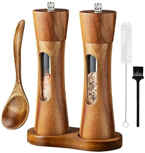 Salz und Pfeffermühle Holz 2er Set, Manuelle Gewürzmühle Set, Gewürzmühle mit Mühlenuntersetzer, Reinigungspinsel, Löffel, Geschenk- Verpackung, für Grobes Salz, Pfeffer, Gewürze Höhe: 20 cm