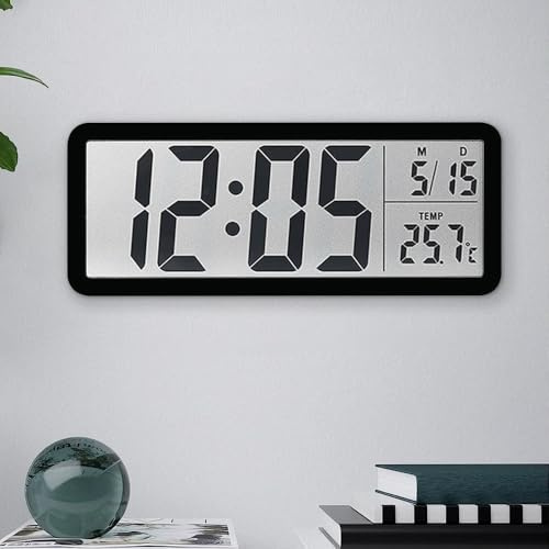 Jonuin Digitale Wanduhr Batteriebetrieben, 8'' LCD Display, Wanduhr Digitaluhr mit großen Ziffern, Temperatur, 12/24 Std, Digital Wall Clock, Digital Wanduhren für Wohnzimmer Schlafzimmer Büro,Schwarz
