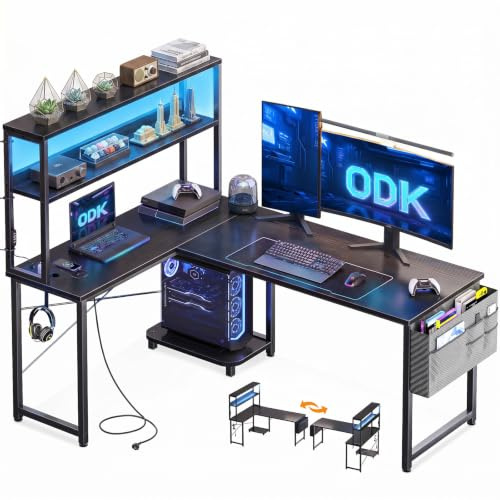 ODK Scrivania Gaming Angolare con LED 1 Presa Reversibile 135x100cm