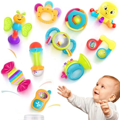 iPlay, iLearn 10PCS Baby Rattle Toys 3-6-12 Months, Infant Sensory Teething