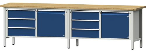 Werkbank Breite 2800 mm, Gestellbauweise, 2 Türen, 6 Schubladen mit Vollauszug, Buchemassivplatte.
