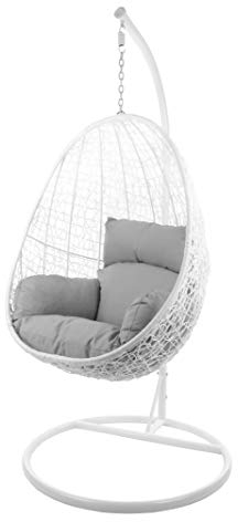 Kideo Komplettset: Hängesessel mit Gestell & Kissen, Lounge-Möbel, Poly-Rattan (Gestell- und Korbfarbe: weiß, Kissen: grau Nest (8008 Cloud))