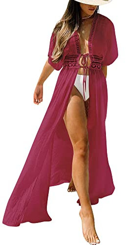 FANCYINN Women Lace Beach Kimonos Cardigan Open Front Swimsuit Crochet Beach Bikini Cover up Dress Ruby XL