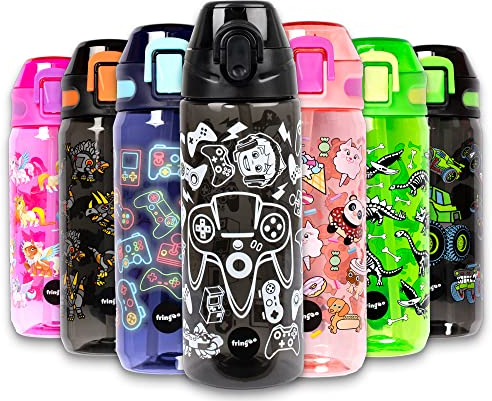 Fringoo - 600ml Kids Water Bottle with Straw & Fliptop Lock - 100% Leakproof - BPA Free 600ml Kids Water Bottle for School - Game On