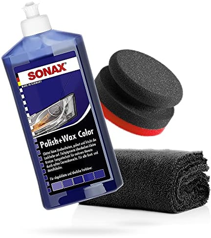 detailmate SONAX Hand Polier Set - SONAX Polish+Wax Color blau 500ml + Handpolierschwamm Puck im Verbundaufbau hart Ø90/50mm Edgeless Superflausch Mikrofaser Poliertuch 550GSM