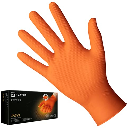 Gants nitrile orange POWERGRIP, taille : L - 50 pieces, Gants jetables, de protection, non poudrés, sans latex, gants nitrile d'épaisseur 3 x plus grande, texture diamant