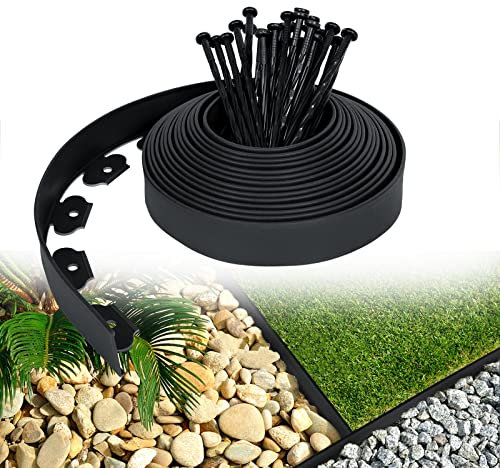 LZQ Bordure de pelouse en plastique flexible avec 150 clous de fixation pour jardins, séparation de l'herbe et des pierres, longueur 50 m, noir
