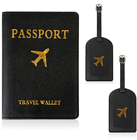 Reisepasshülle,3 PCS(1PCS Reisepass Schutzhülle+2PCS Kofferanhänger),Passport Hülle aus Schwarz Kunstleder mit Golddruck,Herren Passport Holder für Kreditkarten, Ausweis und Reisedokumente