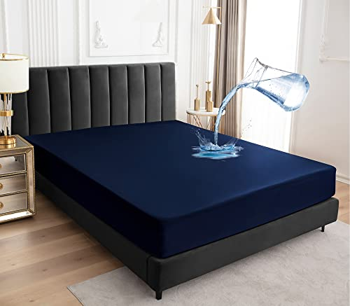 Wasserdichter Matratzenschoner 140x200cm Spannbettlaken, Atmungsaktive Matratzenbezug wasserdicht Matratzen-Schutz Nässeschutz Spannbetttücher - Dunkelblau