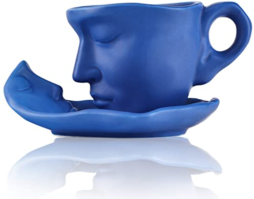 oliruim Tazza da caffè creativa in ceramica con piattino e cucchiaio, tazza da caffè con faccia dal design creativo Thinker (8oz), per tè pomeridiano, tea party, uso domestico(Blu)