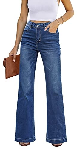 Roskiky Pantalon évasé pour femme, taille haute, jambes larges, baggy, jean, stretch, bleu foncé, XS