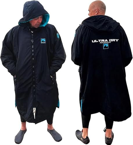 Ultra Dry wasserdichter Wickelmantel mit weichem, warmem Sherpa-Fleece-Futter, für Erwachsene, Damen, Herren zum Schwimmen, Surfen und Wassersport, schwarz / blau, M