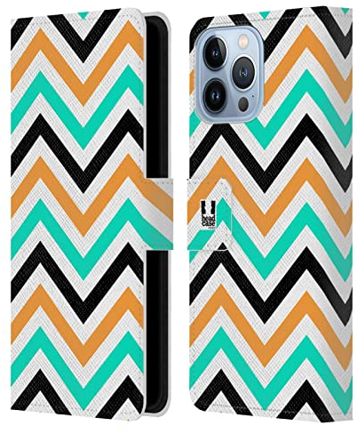 Head Case Designs Blaugrün Und Orange Neon Zigzag Leder-Wallet-Hülle Kompatibel mit Apple iPhone 13 Pro Max