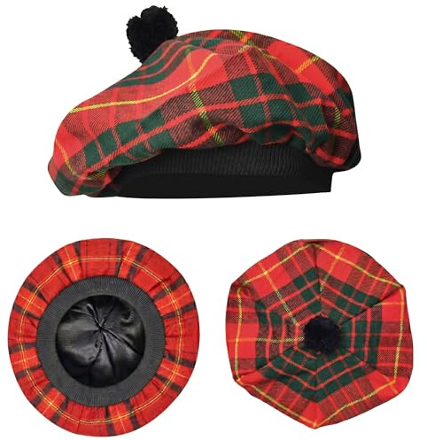 H HIGHLAND REDSTONE Scottish Hat Tam o Shanter Scottish Bonnet Tartan hat Acrylic Wool with Pompom (UK, Alpha, One Size, Cameron Red)