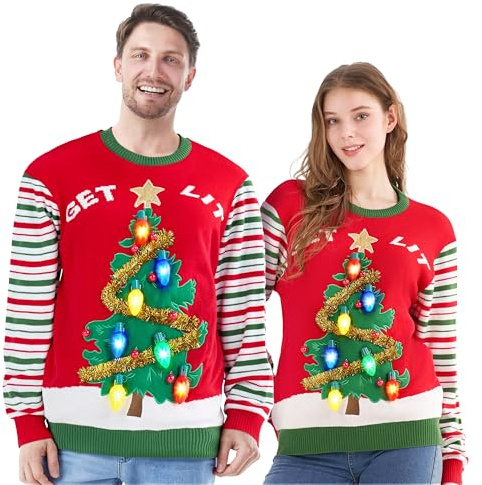 JOYIN LED Light Up Reindeer Ugly Womens Christmas Jumper Built-in Light Bulbs Red Black Blue Xmas Long Sweater Top (S-XL)
