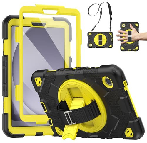 SEYMCY for Samsung Galaxy Tab A9 Case 8.7 inch 2023, Full Body Shockproof Cover with Screen Protector, Rotating Stand & Hand Strap, Carrying Strap for Samsung A9 Tablet, Yellow