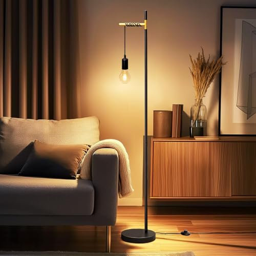 Aigostar Lampe sur Pied Style Rétro E27 - Lampe Métallique pour Salon avec Interrupteur au Pied, Câble 180cm, Design Suspendu (Ampoule Non Incluse) - Noir/Doré