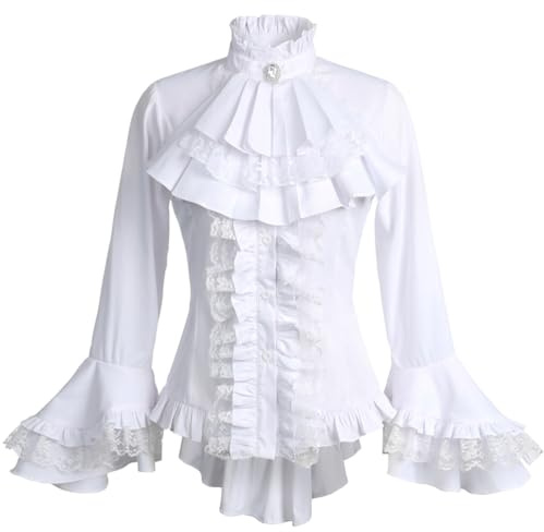 Gothic viktorianische Bluse für Damen, süßes Lolita-Hemd, hoch-niedrig, unregelmäßige Rüschen, Lotus-Saum, mittelalterliche Oberteile