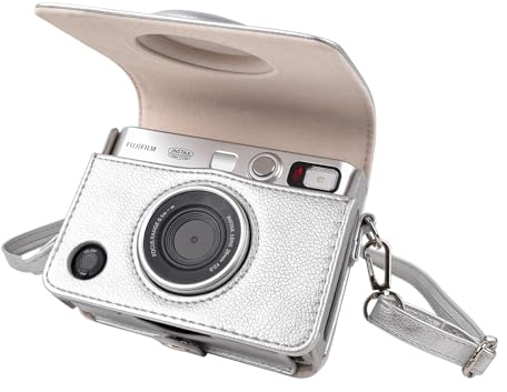MUZIRI KINOKOO Tasche für Fuji Instax Mini EVO Sofortbildkamera – PU-Leder Mini EVO Schutzhülle im horizontalen Stil mit Litschi-Textur – mit verstellbarem Schultergurt – Silber