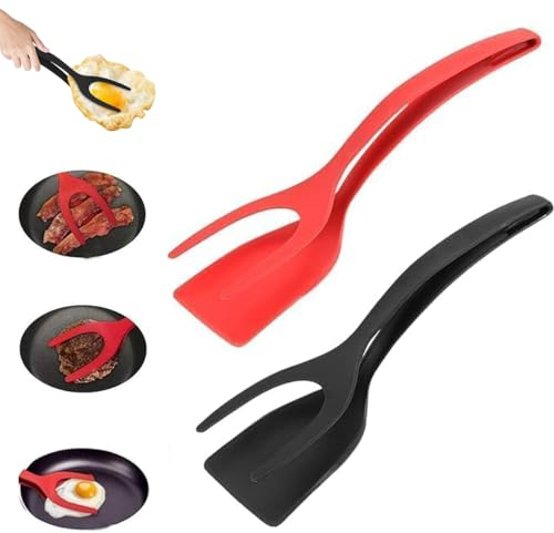 2PCS Egg Flipper Spatula - 2 in 1 Frying Tongs and Flip Spatula Tongs, Non-Stick Egg Turners, Pancake Fish French Toast Omelet Making Home Kitchen Cooking Tools (Black&red)