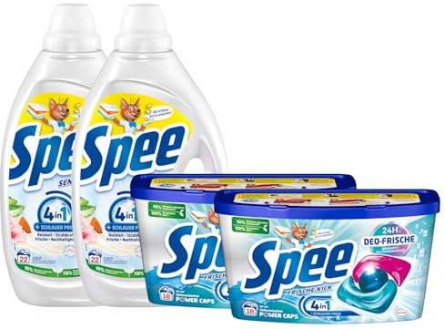 SPEE-Set Gel 2x 22 Waschladungen (44WL) Sensitive & Power Caps 2x 18 Waschladungen (36WL) Deo-Frische Frische-Kick, mit 4 + 1 Formel, für Temperaturen von 20° - 95° C