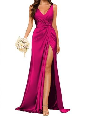 Vestido de dama de honor con cuello en V para mujer, con abertura en la cintura fruncida, plisado, de satén, vestido de fiesta formal, fucsia, 34