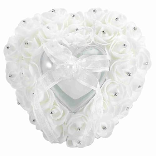 WGFOIP Heart Wedding Ring Pillow, Rhinestone Ring Holder, White Ceremony Cushion with Ribbon Bow for Proposal Ceremony Party