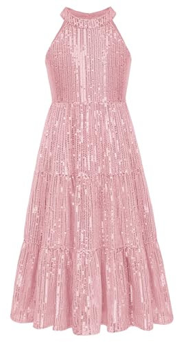 GRACE KARIN Mädchen Ärmellos Pailletten Prinzessin Kleid Festliche Hochzeit Neckholder Kleid Hell Rosa 12 Jahre