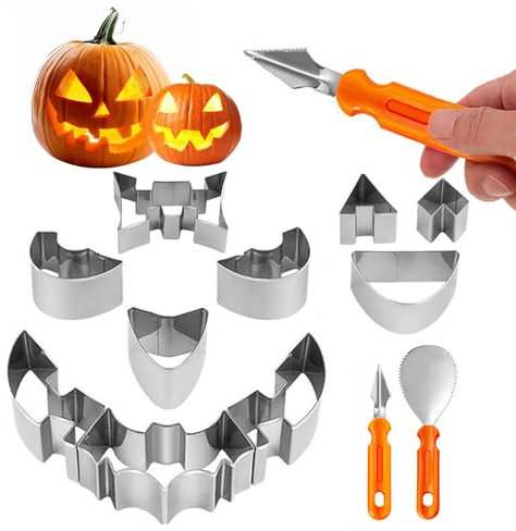 Yixinly Halloween Kürbis Schnitzset, 12 Stück Schnitzwerkzeug Kürbis Pumpkin Carving Set, Halloween Deko Kürbis Kürbis Schnitzset mit Vorlagen Schneide-Werkzeuge zum Aushöhlen von Kürbissen