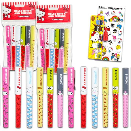 Hello Kitty Pens Party Favors Set - Bundle with 12 Hello Kitty and Friends Pens Plus Stickers, More | Sanrio Hello Kitty and Friends Party Supplies for Girls