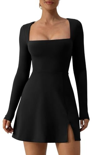 Womens Square Neck Bodice Dress Long Sleeve Side Slit A-Line Flare Mini Dresses Cocktail Party Club Dress (Black, S)