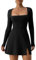 ensswliz Womens Square Neck Bodice Dress Long Sleeve Side Slit A-Line Flare Mini Dresses Cocktail Party Club Dress (Black, S)