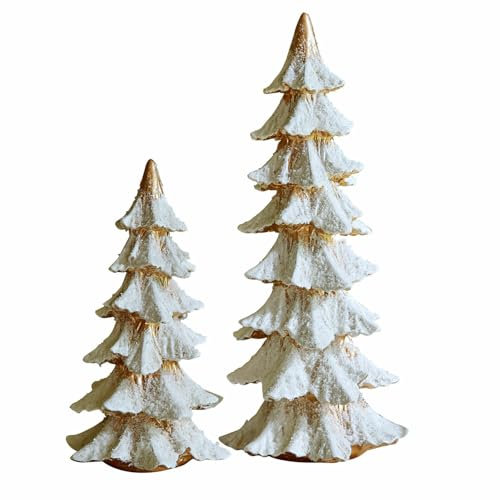 Loberon Deko-Baum 2er Set Norbury, Zwei Größen, Winterliche Gestaltung, Detailreiche Schnee-Optik, Weihnachten, Weihnachtsdeko, Polyresin, weiß/Gold
