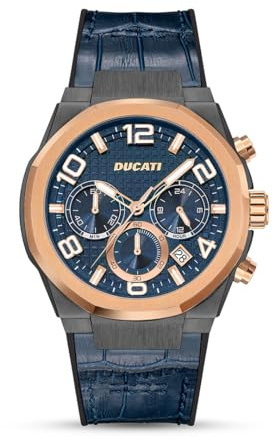 Ducati DT006 Chronograph Armbanduhr – mehrschichtiges blaues Zifferblatt von 43,5 mm, Armband aus blauem Leder mit Silikonbasis, wasserdicht bis 50 m, mutige Akzente in Roségold für Liebhaber