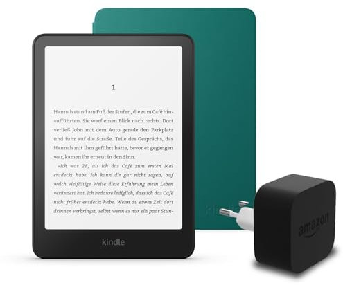 Le dernier Kindle Paperwhite (version 2024) 16 GB sans publicité, une couverture basée sur Amazon Plant et un adaptateur secteur Amazon Powerfast 9 W.
