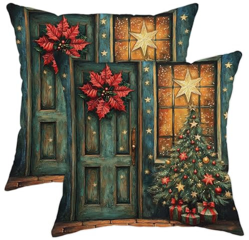 Fundas de almohada decorativas de Navidad para puerta, funda de cojín verde y azul con flor de pascua, decoración de invierno y Navidad, fundas de almohada de terciopelo suave para el hogar, sofá