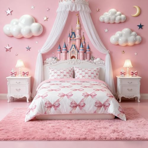 feelingyou Bettwäsche-Set mit rosa Schleife, Einzelbett, verträumter Prinzessinnen-Stil, Bettbezug für Kinder, Mädchen, Bettbezug für Teenager und Erwachsene, Aquarell-Schleife, Gitter, weißer