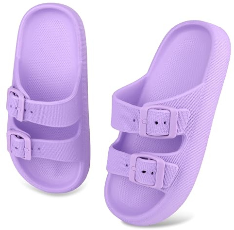 WYSFLY Kids Cloud Slides Niños Niñas Ajustable Doble Hebilla EVA Sandalias Planas Verano Almohada Chanclas Ducha Playa Piscina Sliders Morado 33EU