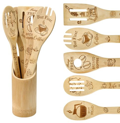 JNEYVIC Utensilios de Cocina Bambu, 5 Cucharas de Cocina de Madera y Porta, Juego Cucharas de Madera para Cocinar, Mezclar y Servir, Ideal como Regalo de Cumpleaños/Boda