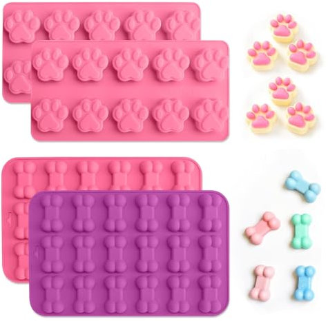 4Pcs Silicone Chocolate Moulds, 3D Dog Paw and Bone Silicone Molds Reusable Non-Stick Gummy Moulds for Baking, Candy, Jelly, Ice Cube, Pet Treats Toys