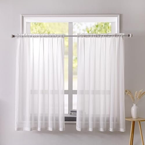FYBlossom Scheibengardine Bistrogardine Weiß Halbtransparente Vorhänge, 2er Set Privatsphäre Bistrogardine Voile Transparent Kurzstores Voile Gardine Mit Schlaufen (Transparent, 65Bx115H(cm))