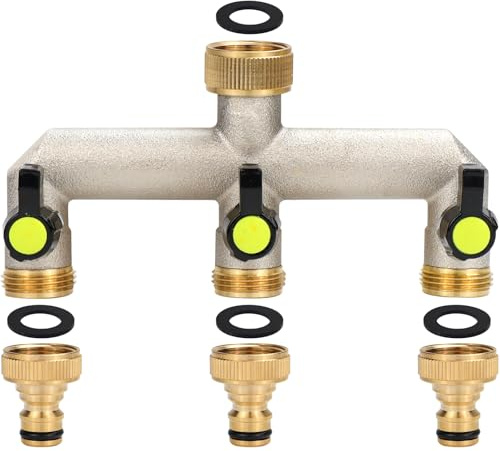 TYBYBB Wasserverteiler 3 Wege Wasseranschluss Verteiler 3/4 aus Messing | Wasserhahn Verteiler mit Adapter 1/2 und Kugelhahn, für Haus und Garten zum Einstellen und Absperren des Wasserflusses