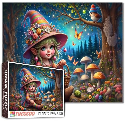 Tucocoo Rainbow Elf Girl Puzzle für Erwachsene 1000 Teile, hübsches Mädchen mit Korb im verzauberten Wald - Fantasie-Kunstpuzzle zur Entspannung - Verspielte Wanddekoration - Puzzlegeschenk