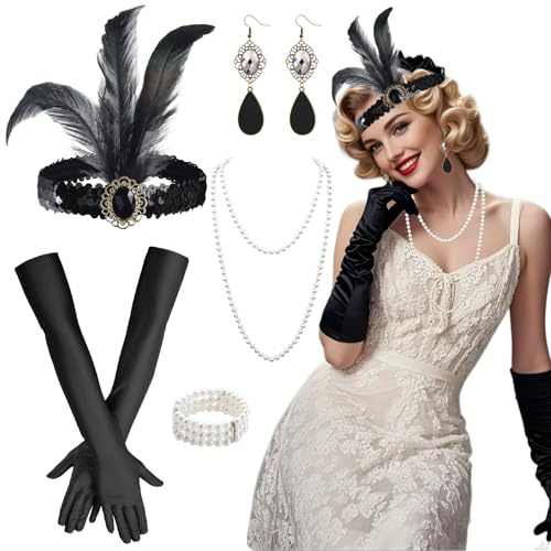 5 1920er Jahre Accessoires, Great Gatsby Zubehör Set für Fraue mit Feder Stirnband Handschuhe Ohrringe Halskette Armband, 20's Great Gatsby Kostüme Thema Party Faschingskostüm Zubehör für Karneval