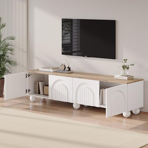 OKMYHOME Mueble de TV - Mueble de salón con 4 compartimentos y 6 patas de metal para televisores de hasta 80 pulgadas, tablero DM blanco y madera, 180 x 40 x 45 cm