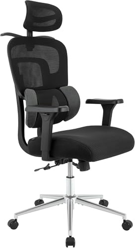 CLP Bürostuhl ergonomisch mit Kopfstütze Lothenda, Schreibtischstuhl höhenverstellbar Lordosenstütze 3D-Armlehnen, Drehstuhl bis 150 kg Farbe schwarz