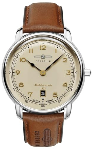 Zeppelin 9640-5 Méditerranée Herrenuhr für Herren – Edelstahlgehäuse, Schweizer Quarzwerk, Lederarmband Braun, 40 mm
